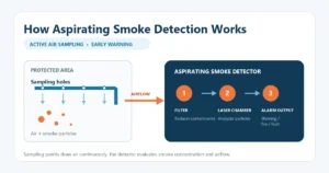 Diagram showing an aspirating smoke detection system drawing air through sampling pipes into a filter, laser chamber, and alarm output