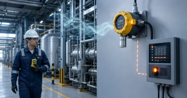 Fixed and portable toxic gas detectors monitoring an industrial facility